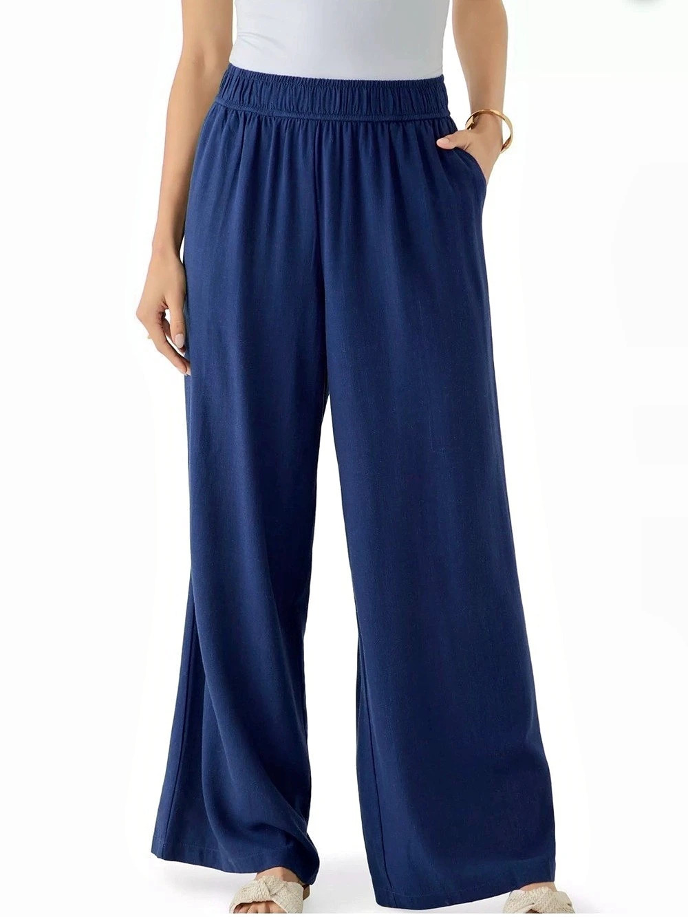 Oak & Trellis Women’s Pull On Wide Leg Rayon & Linen Pants Navy Sz Large NWT